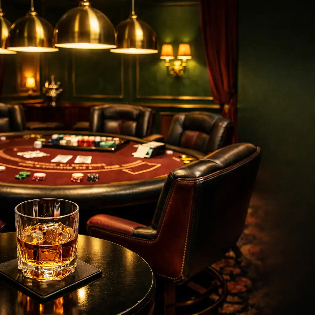 Wnętrze ekskluzywnego Casino Lounge z widokiem na stół do blackjacka i skórzane fotele