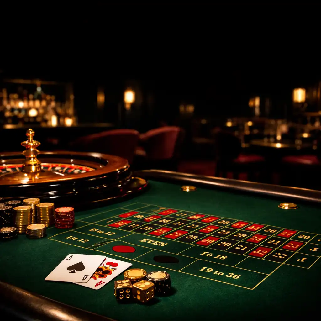 Elegancki stół do ruletki w ciemnym, luksusowym wnętrzu Casino Lounge Royal Velvet