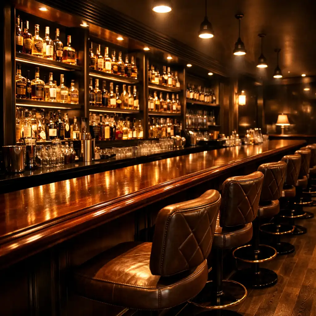 Bar Royal Velvet z mahoniowym blatem i podświetlanymi półkami