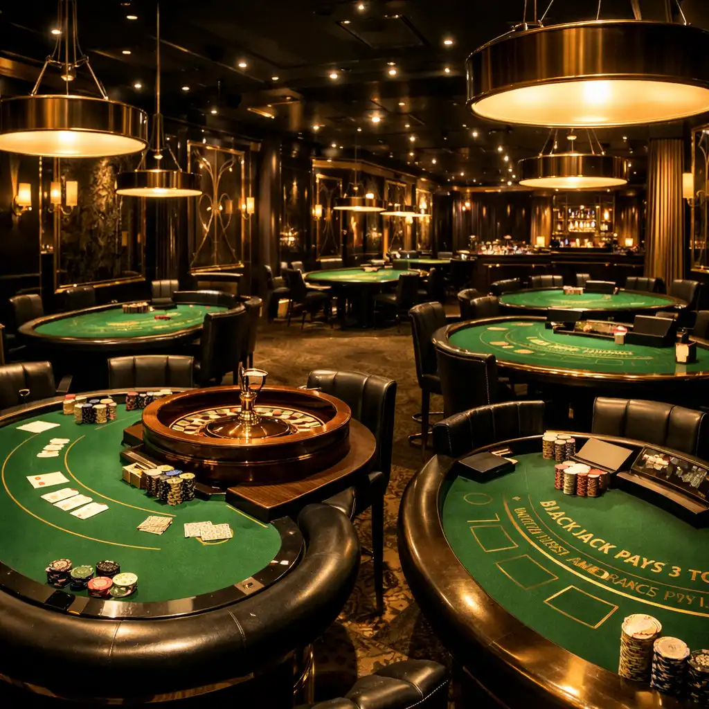 Casino lounge Royal Velvet z zielonymi stołami do pokera, ruletki i blackjacka