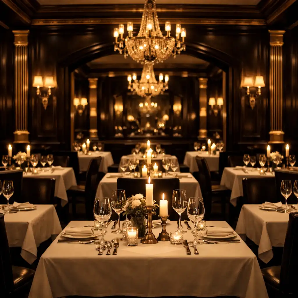 Sala restauracyjna Royal Velvet z nakrytymi stolikami i ciepłym oświetleniem