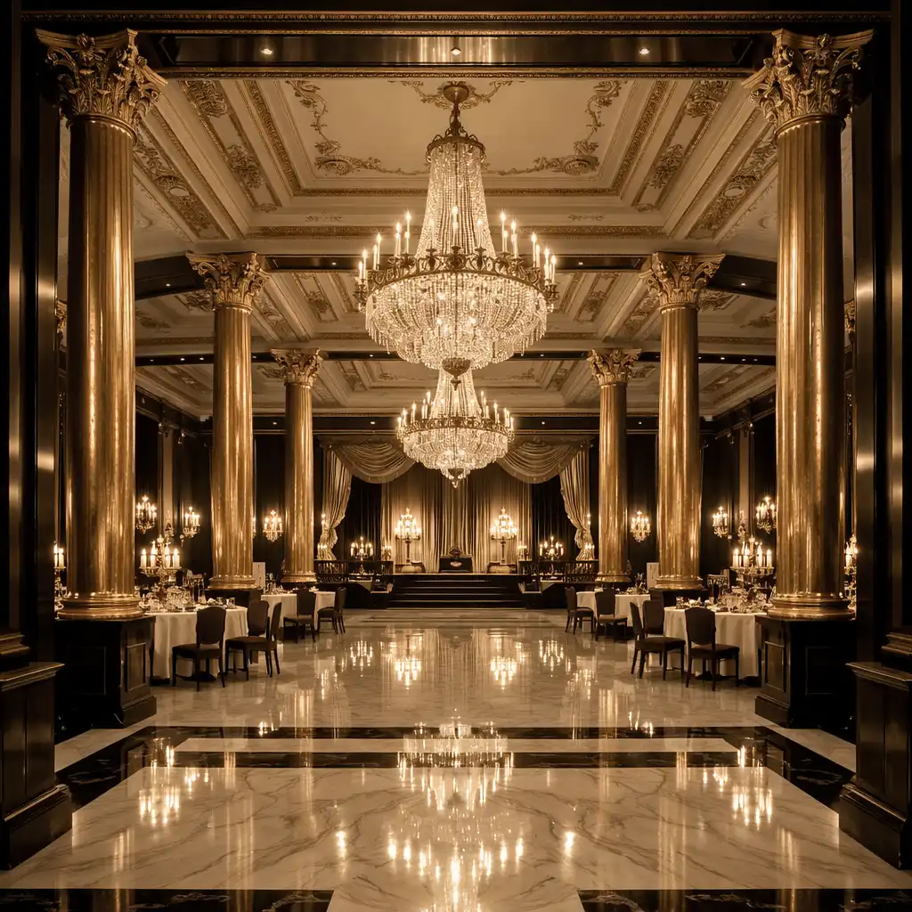 Główna sala Royal Velvet z kryształowymi żyrandolami i marmurową podłogą