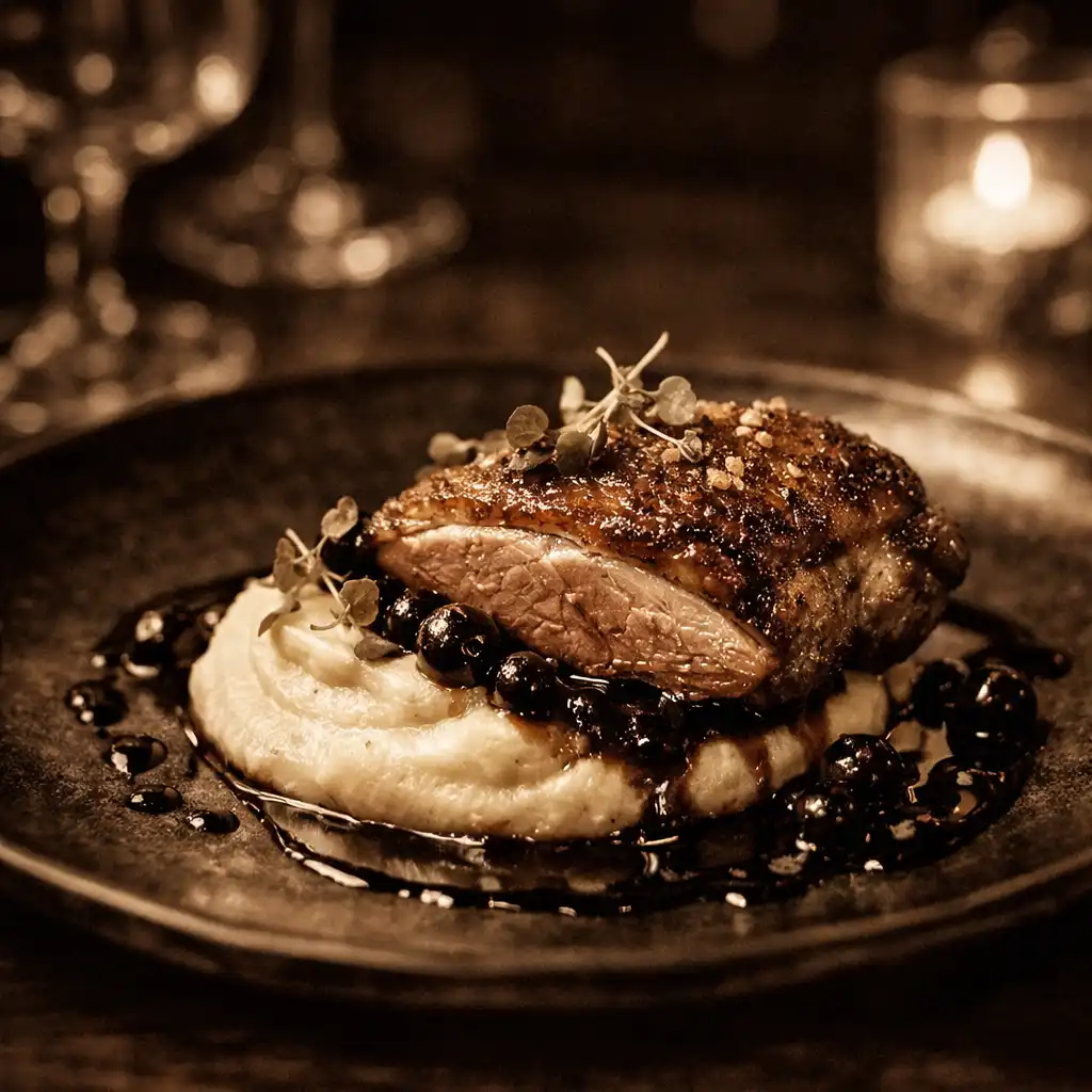 Eleganckie danie fine dining na ciemnym talerzu w restauracji Royal Velvet