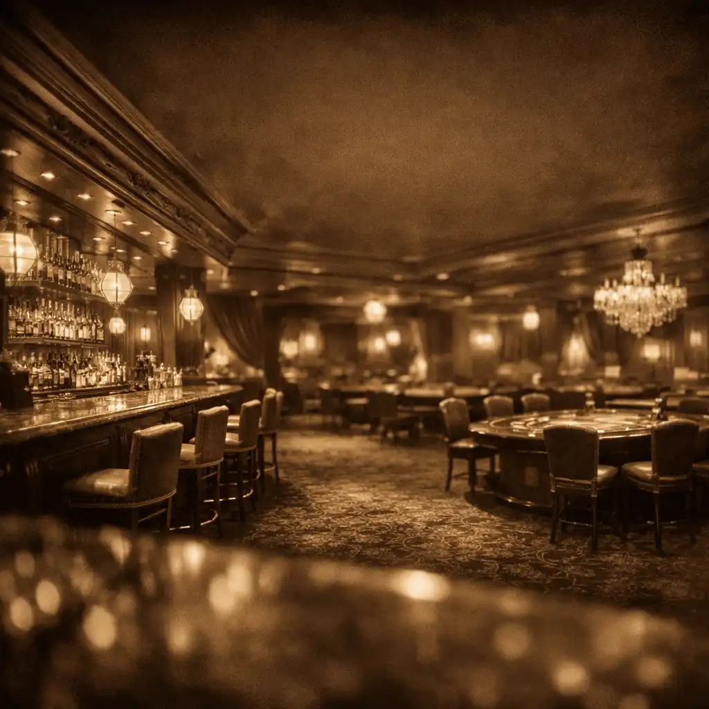 Eleganckie wnętrze casino lounge Royal Velvet z ciepłym złotym oświetleniem i stolikami do gry
