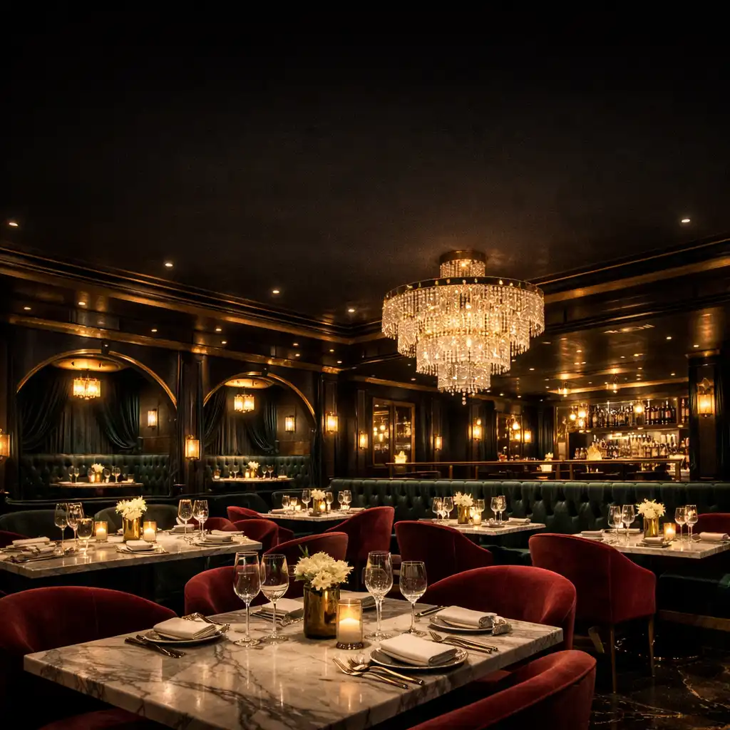 Eleganckie wnętrze restauracji Royal Velvet z marmurowymi stołami, aksamitnymi krzesłami i kryształowym żyrandolem