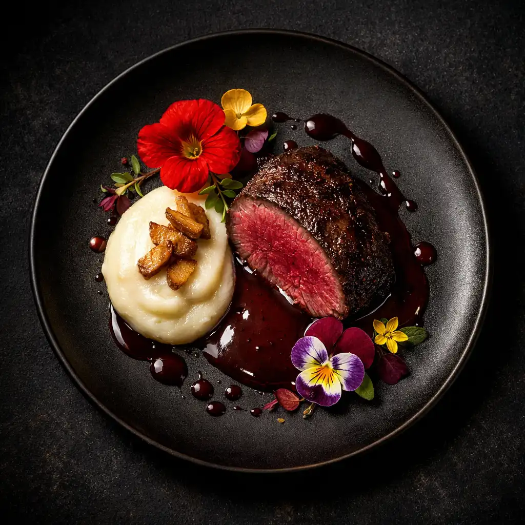 Wyrafinowane danie fine dining na ciemnym talerzu z filetem z jelenia, purée z selera i jadalnymi kwiatami