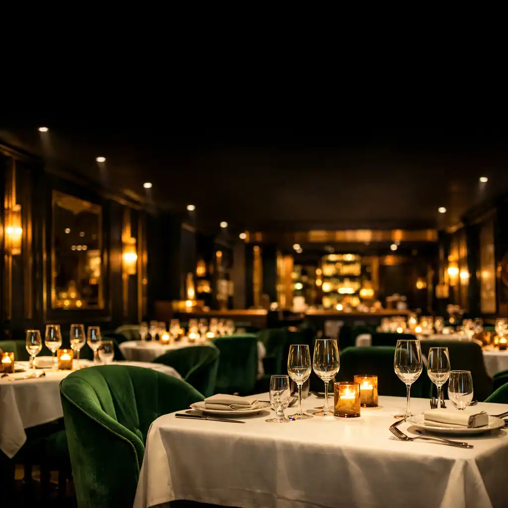 Eleganckie wnętrze restauracji Royal Velvet z ciemnymi ścianami, złotymi akcentami i aksamitnymi meblami w kolorze głębokiej zieleni