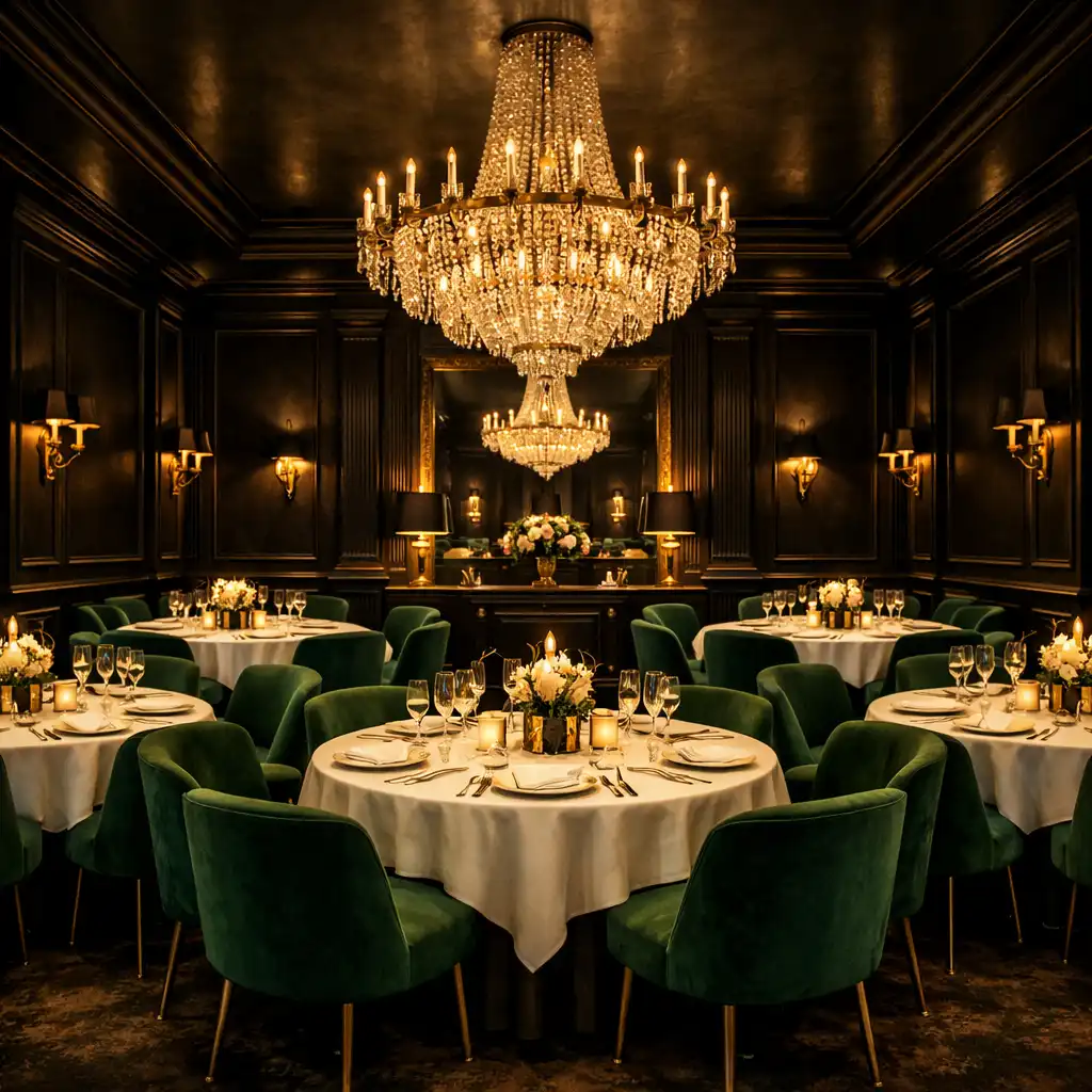 Sala restauracyjna z okrągłymi stołami, aksamitnymi krzesłami i kryształowym żyrandolem