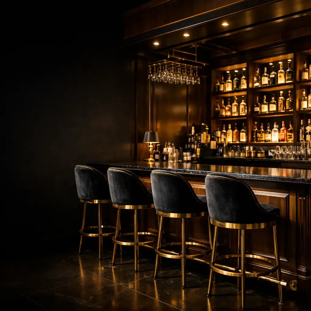 Bar z ciemnego drewna z podświetlanymi półkami i złotymi detalami