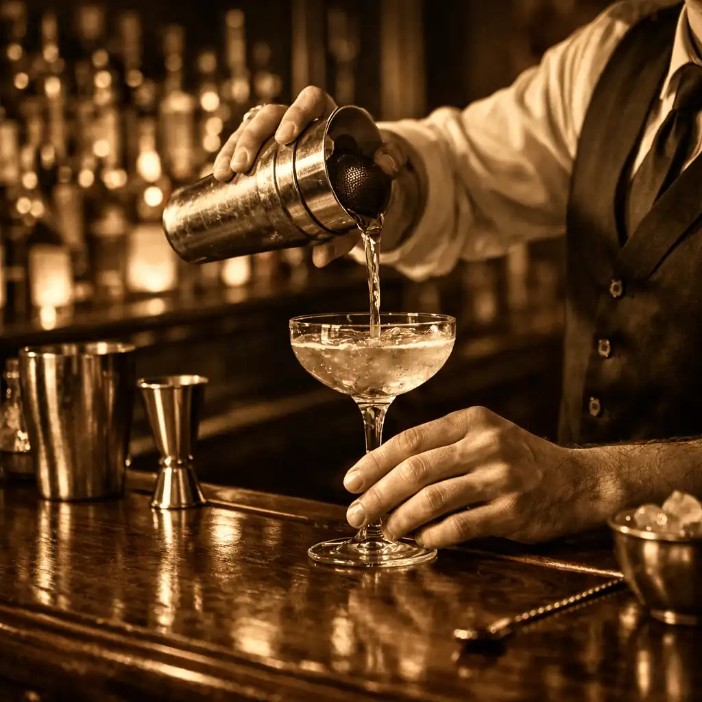 Bar Royal Velvet z mahoniowym blatem i barmanem przygotowującym koktajl