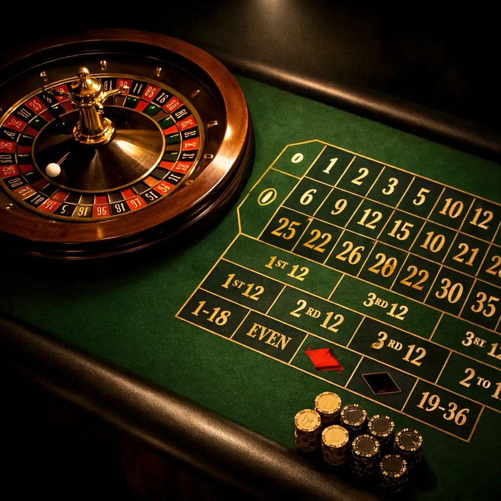 Stół do ruletki w casino lounge Royal Velvet z zielonym suknem i złotymi numerami