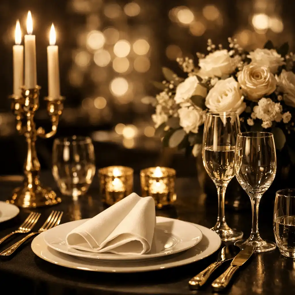 Stolik w restauracji Royal Velvet z eleganckim nakryciem i świecami