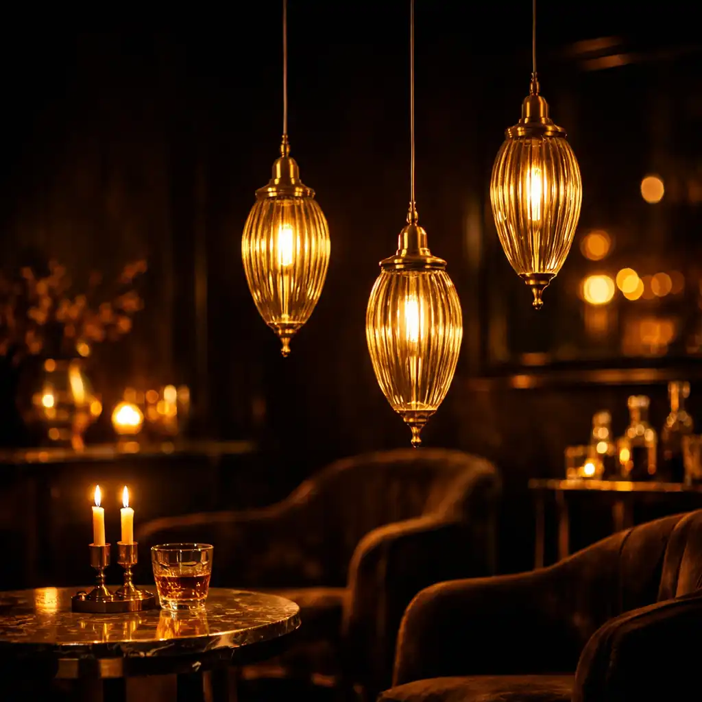 Nastrojowe mosiężne lampy i ciepłe światło w ekskluzywnym wnętrzu Royal Velvet
